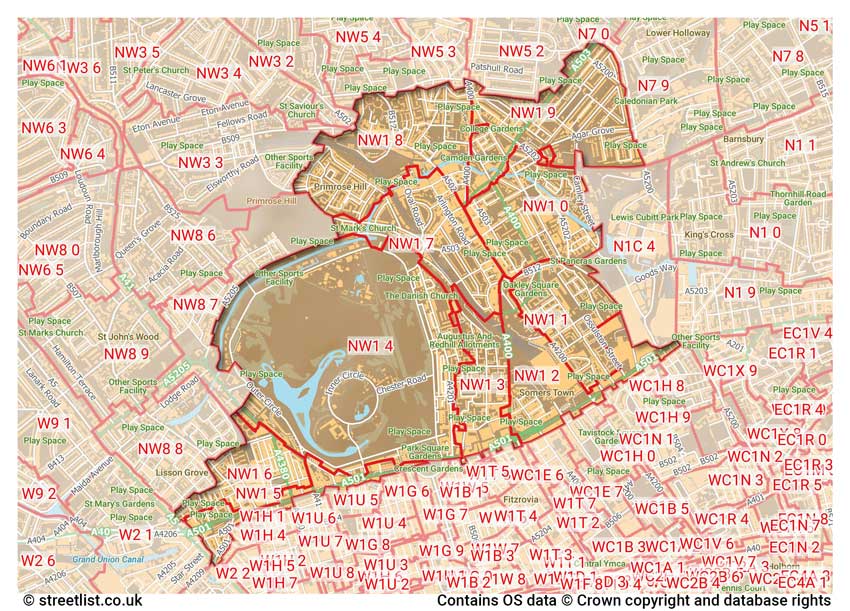 map showing postcode sectors within the NW1 district