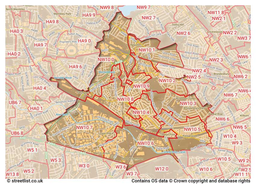 map showing postcode sectors within the NW10 district