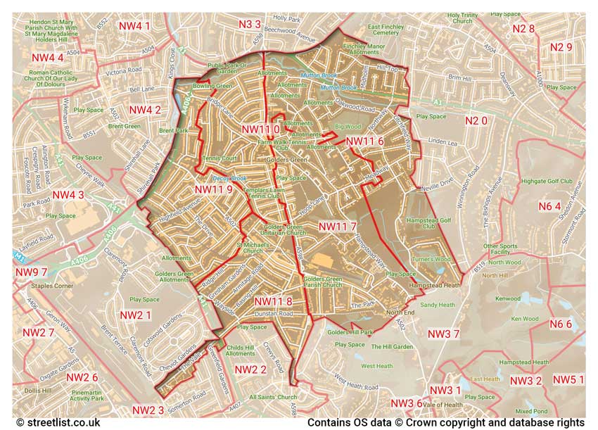 map showing postcode sectors within the NW11 district