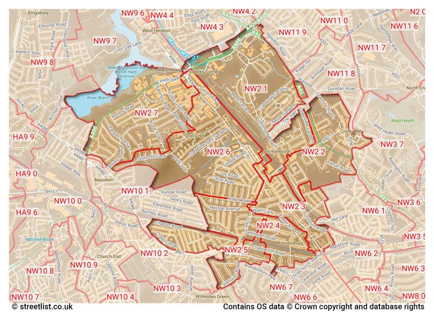 map showing postcode sectors within the NW2 district