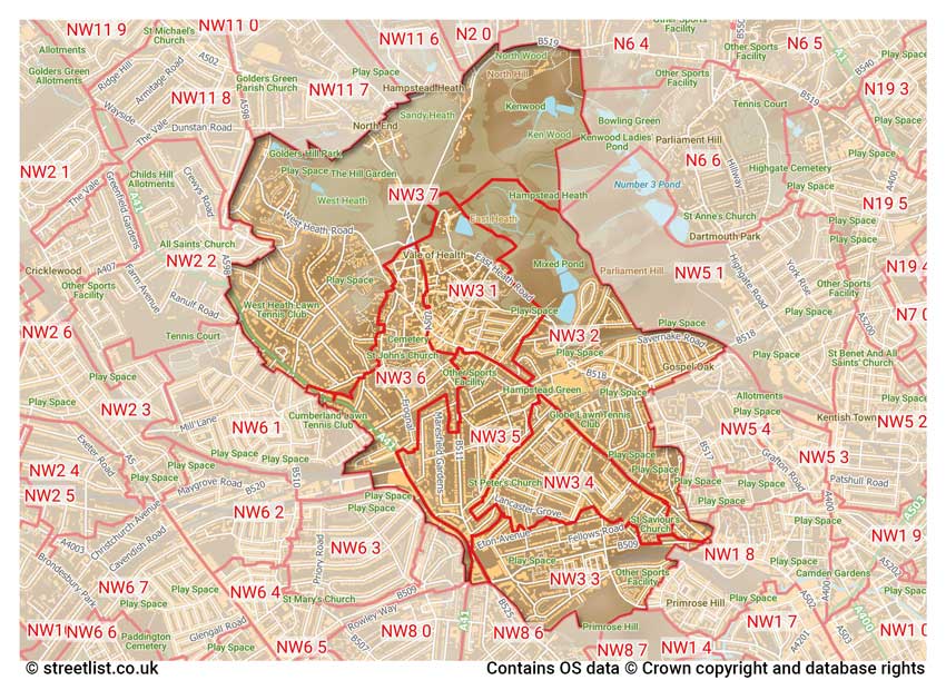 map showing postcode sectors within the NW3 district