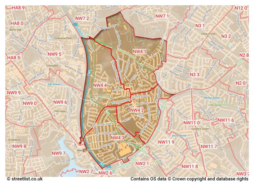 map showing postcode sectors within the NW4 district