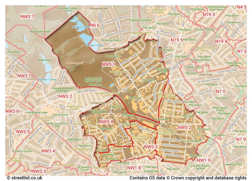 map showing postcode sectors within the NW5 district