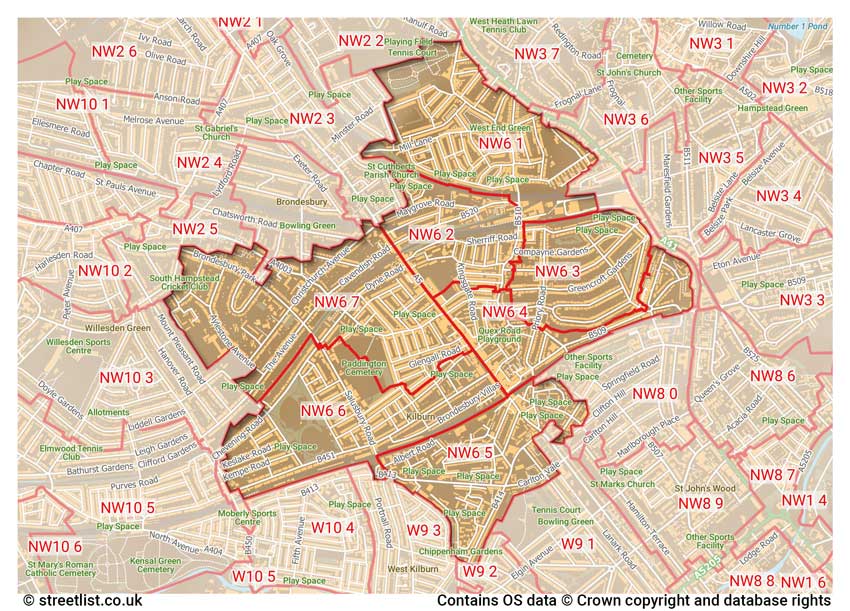 map showing postcode sectors within the NW6 district