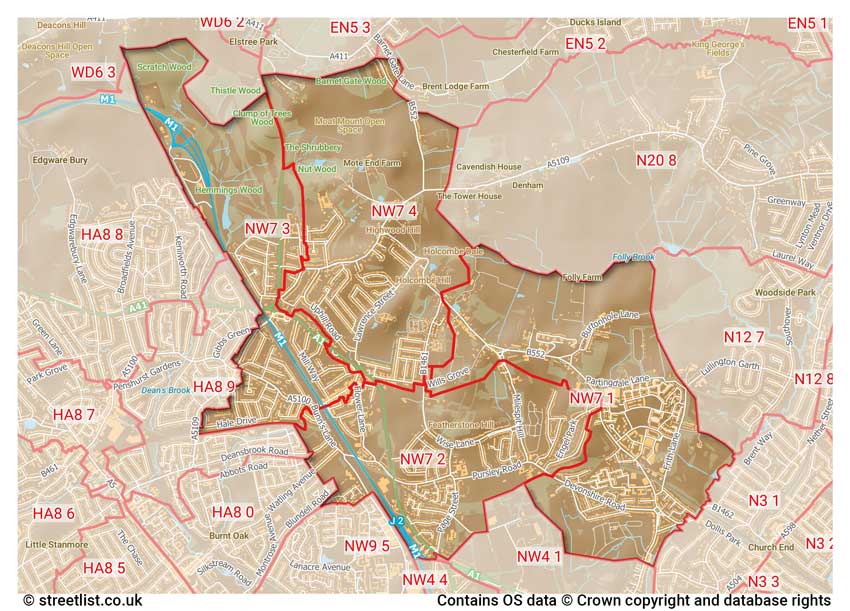 map showing postcode sectors within the NW7 district