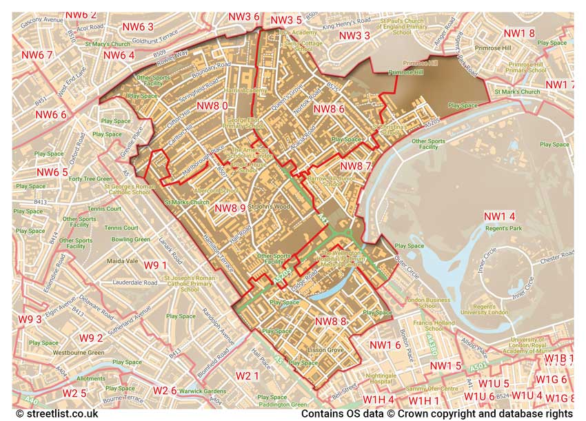 map showing postcode sectors within the NW8 district