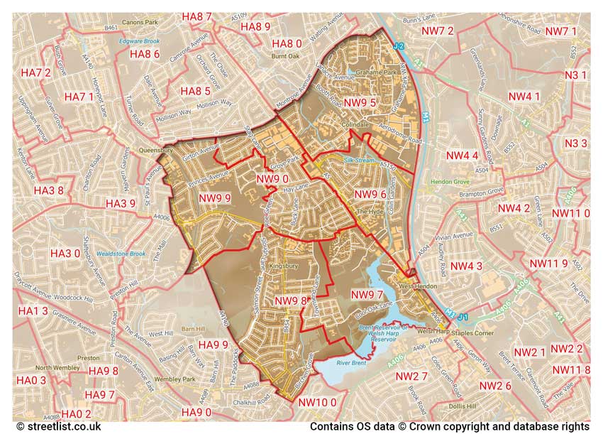 map showing postcode sectors within the NW9 district