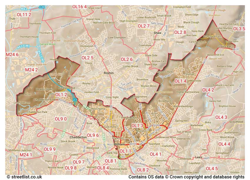 map showing postcode sectors within the OL1 district