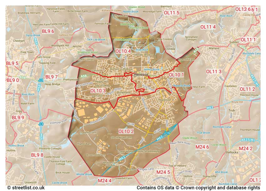 map showing postcode sectors within the OL10 district