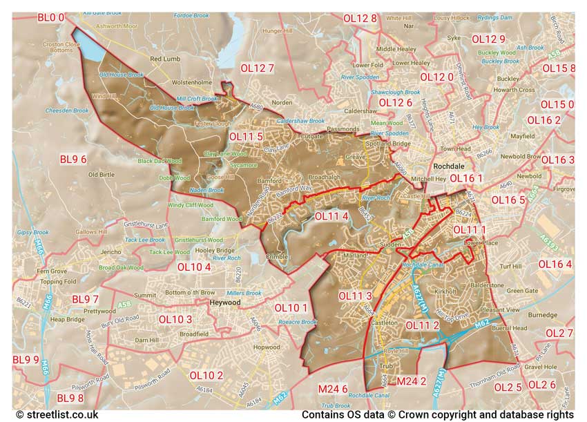 map showing postcode sectors within the OL11 district