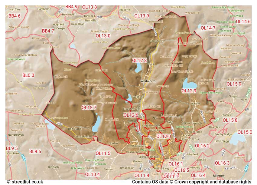 map showing postcode sectors within the OL12 district