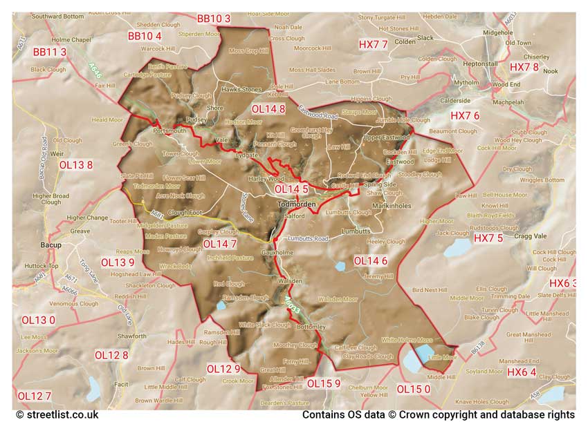 map showing postcode sectors within the OL14 district