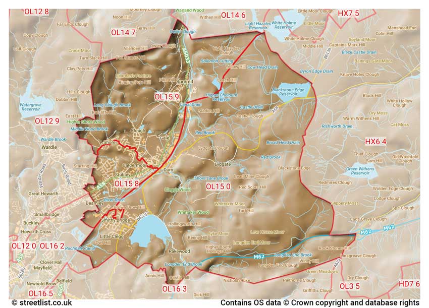 map showing postcode sectors within the OL15 district