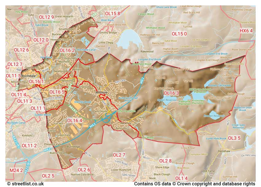 map showing postcode sectors within the OL16 district