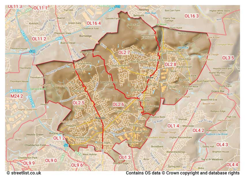 map showing postcode sectors within the OL2 district