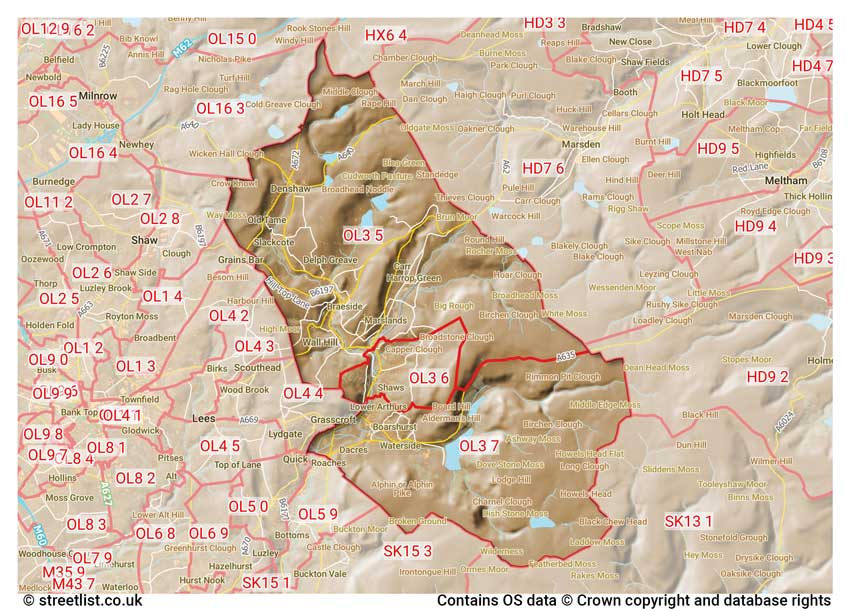 map showing postcode sectors within the OL3 district