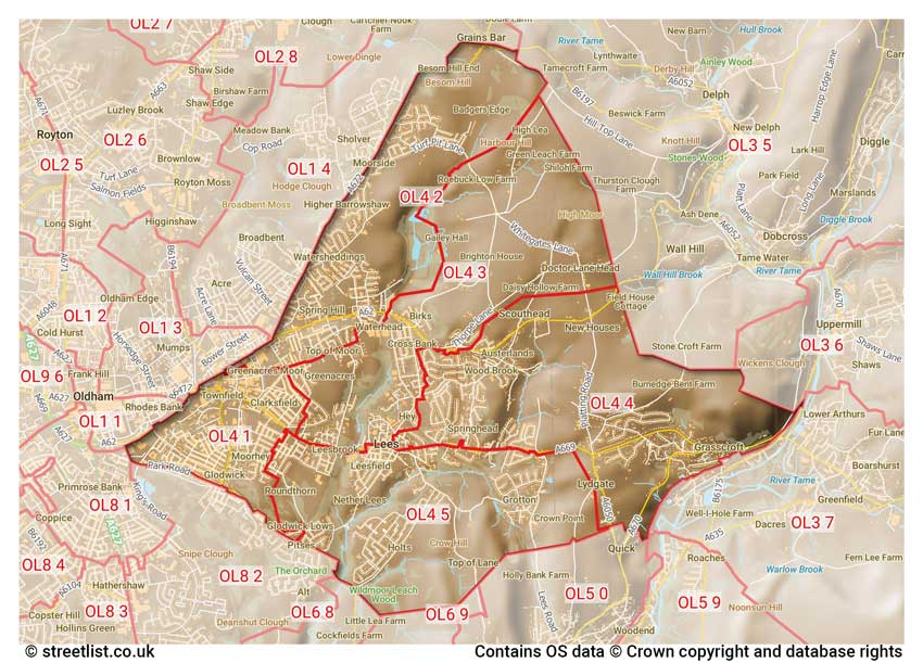 map showing postcode sectors within the OL4 district