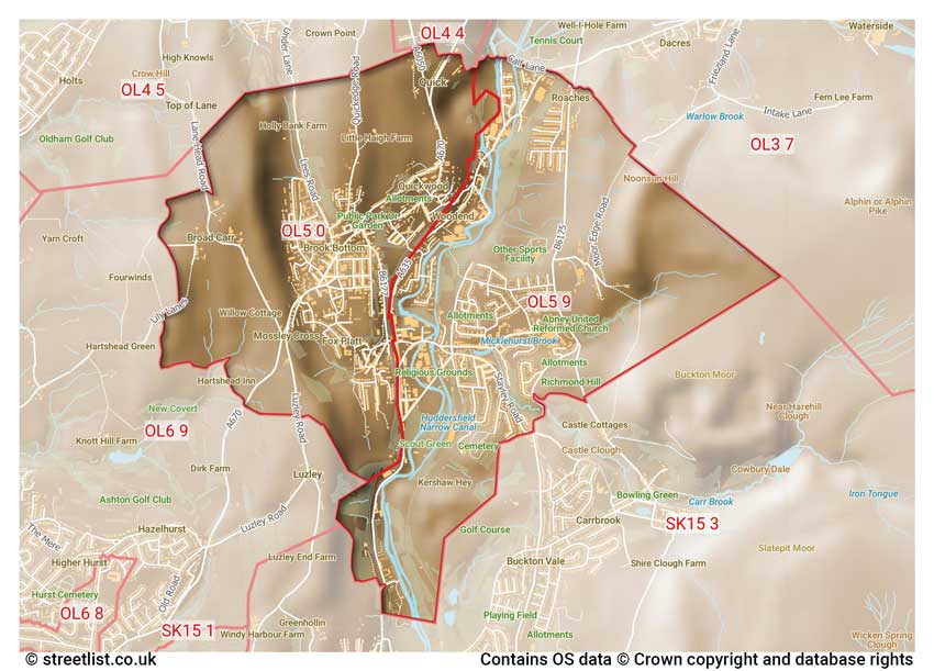 map showing postcode sectors within the OL5 district