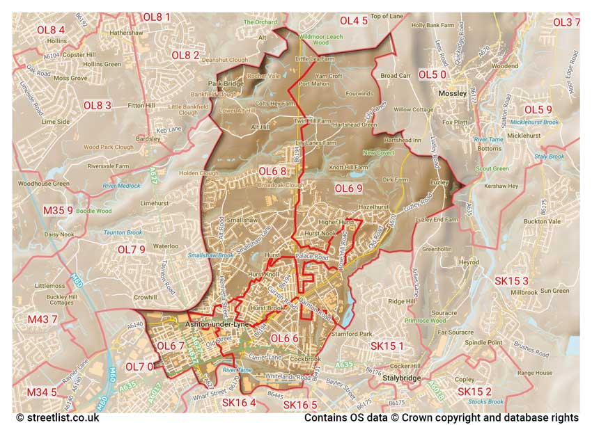 map showing postcode sectors within the OL6 district