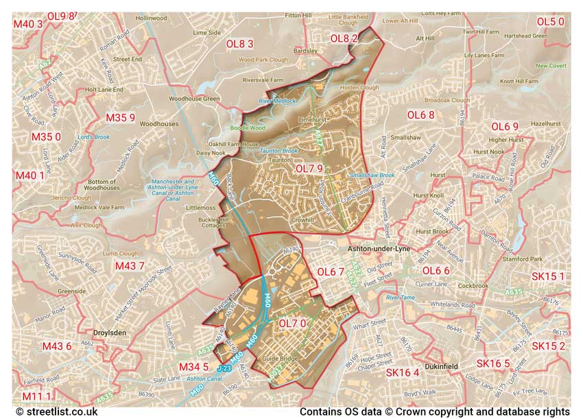 map showing postcode sectors within the OL7 district