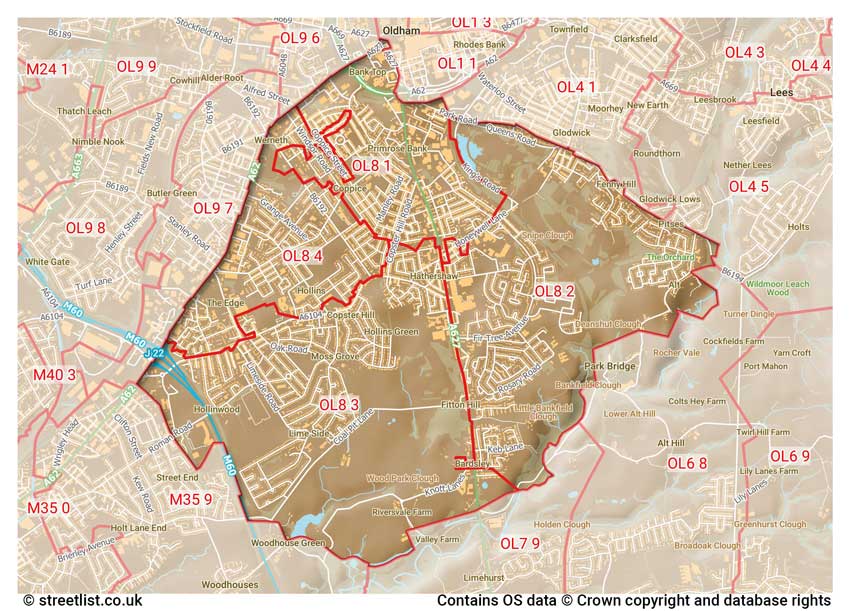 map showing postcode sectors within the OL8 district