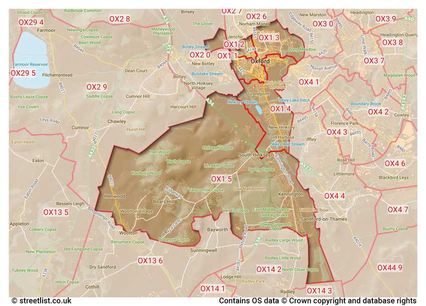 map showing postcode sectors within the OX1 district