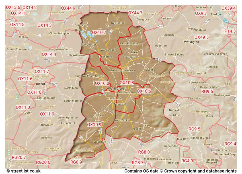 map showing postcode sectors within the OX10 district