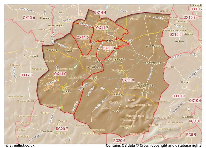 map showing postcode sectors within the OX11 district