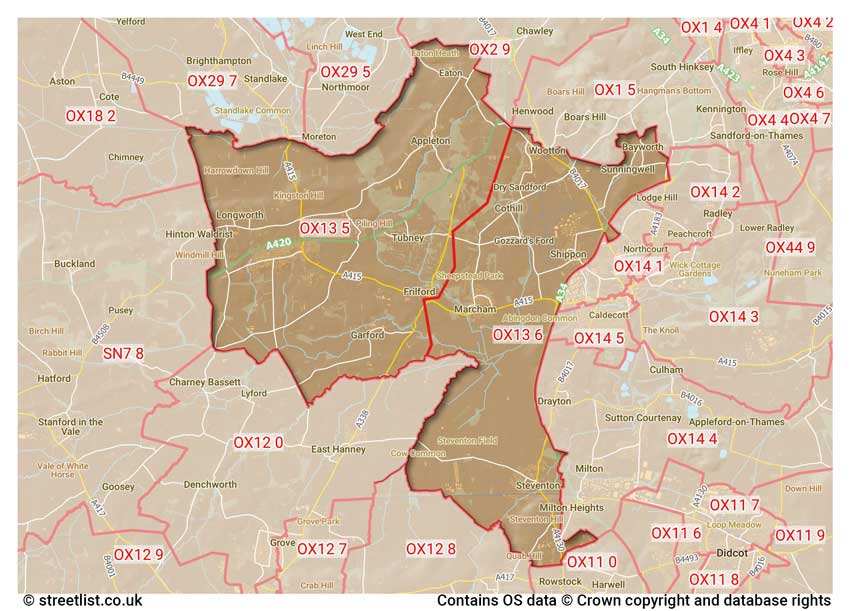 map showing postcode sectors within the OX13 district