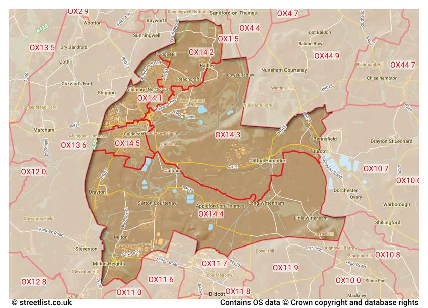 map showing postcode sectors within the OX14 district