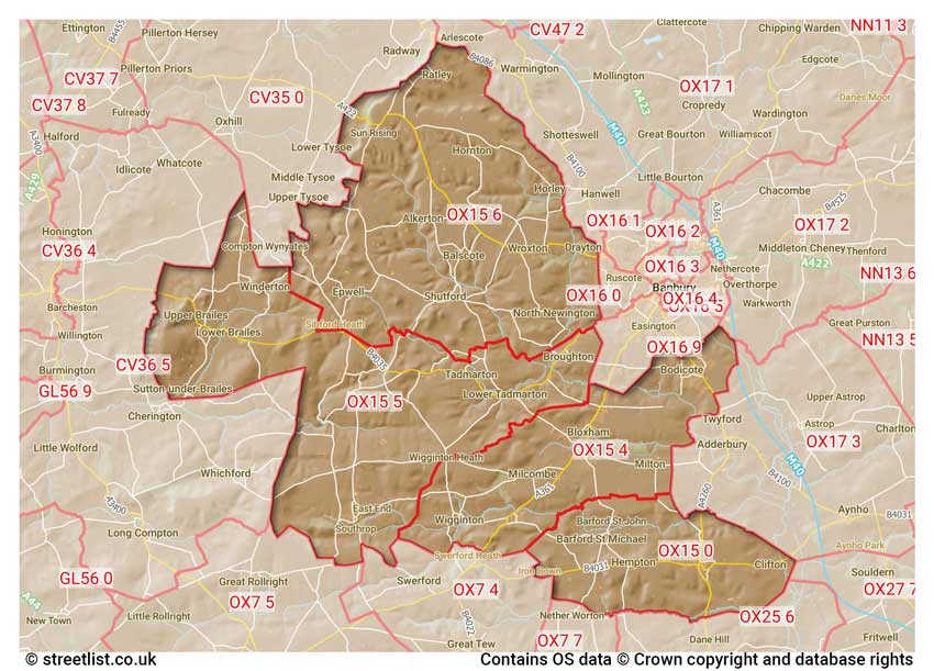 map showing postcode sectors within the OX15 district