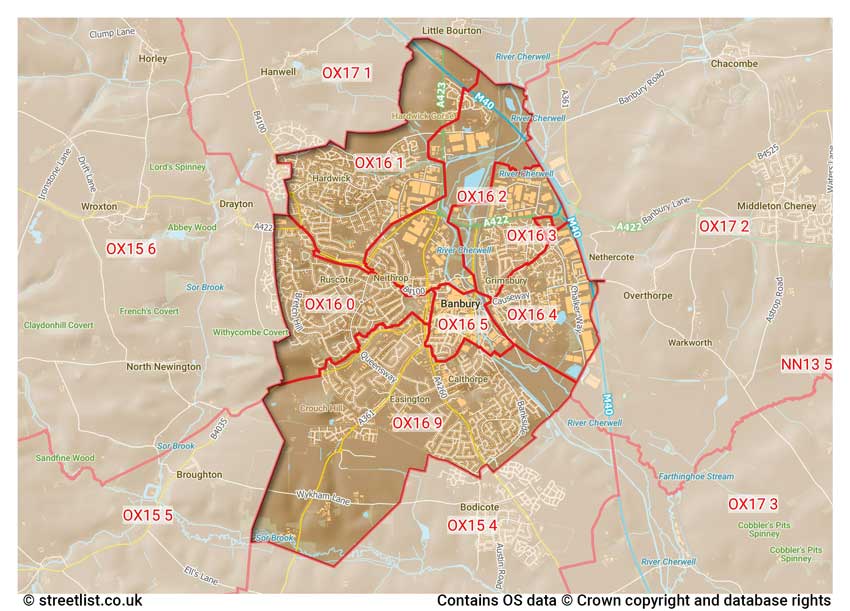 map showing postcode sectors within the OX16 district