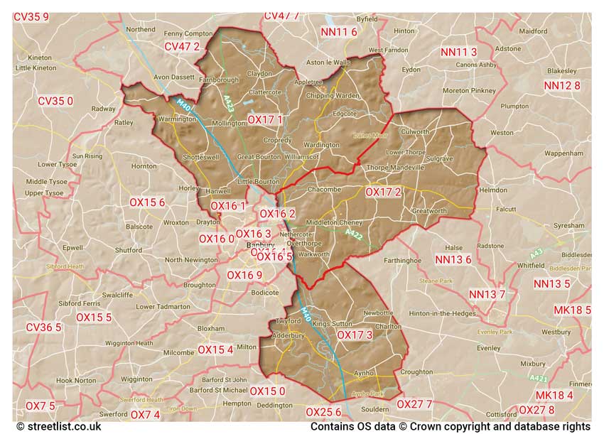 map showing postcode sectors within the OX17 district