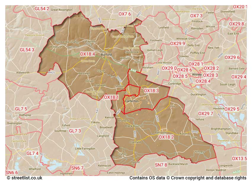 map showing postcode sectors within the OX18 district