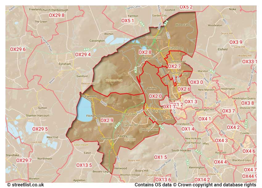 map showing postcode sectors within the OX2 district