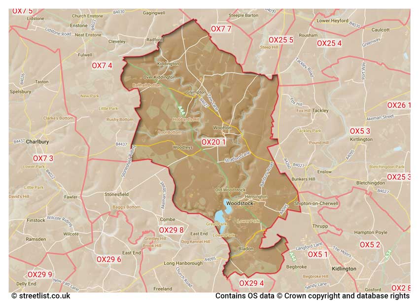 map showing postcode sectors within the OX20 district