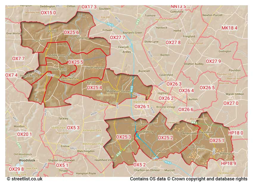 map showing postcode sectors within the OX25 district