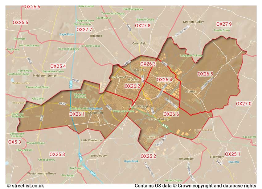 map showing postcode sectors within the OX26 district