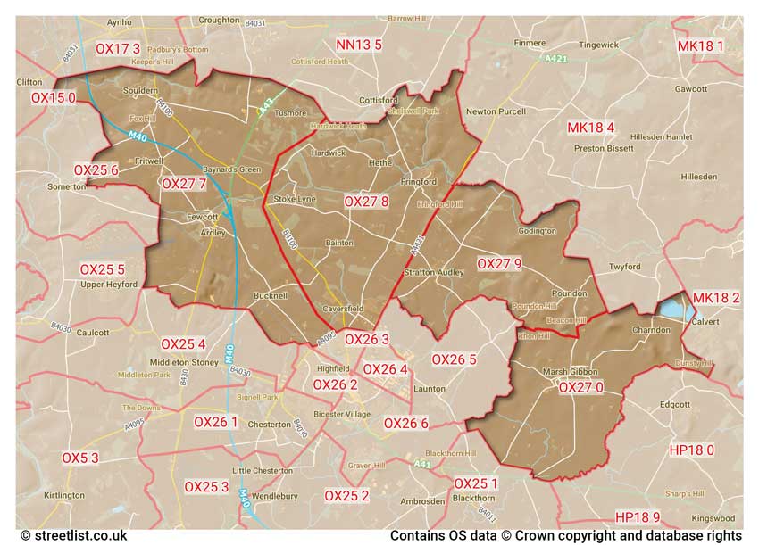 map showing postcode sectors within the OX27 district