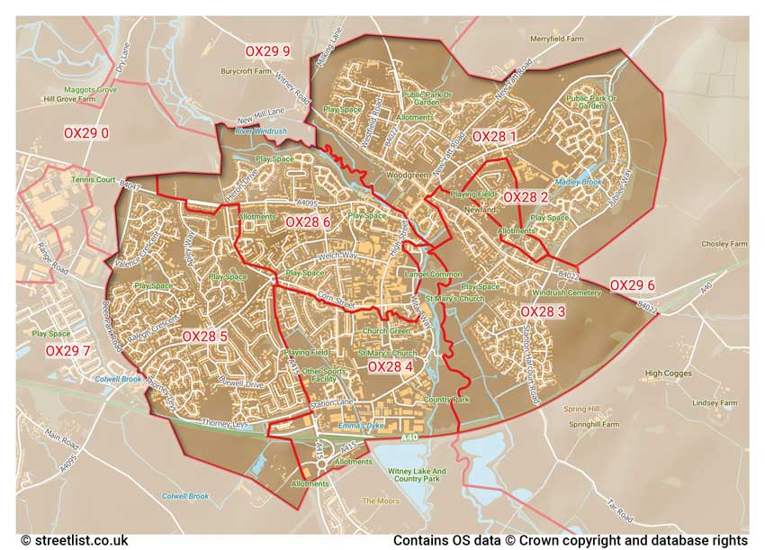 map showing postcode sectors within the OX28 district