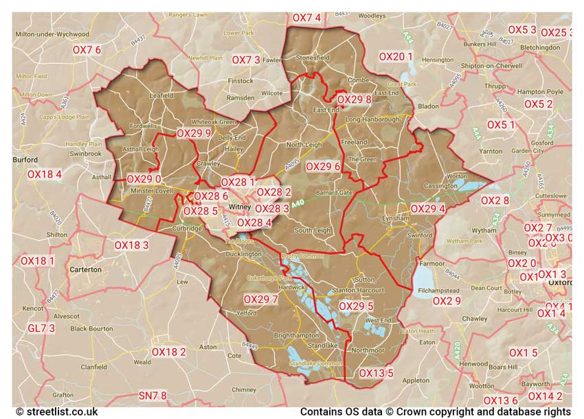 map showing postcode sectors within the OX29 district