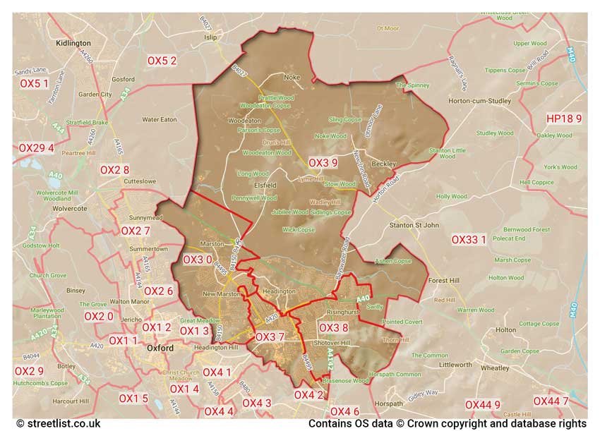 map showing postcode sectors within the OX3 district