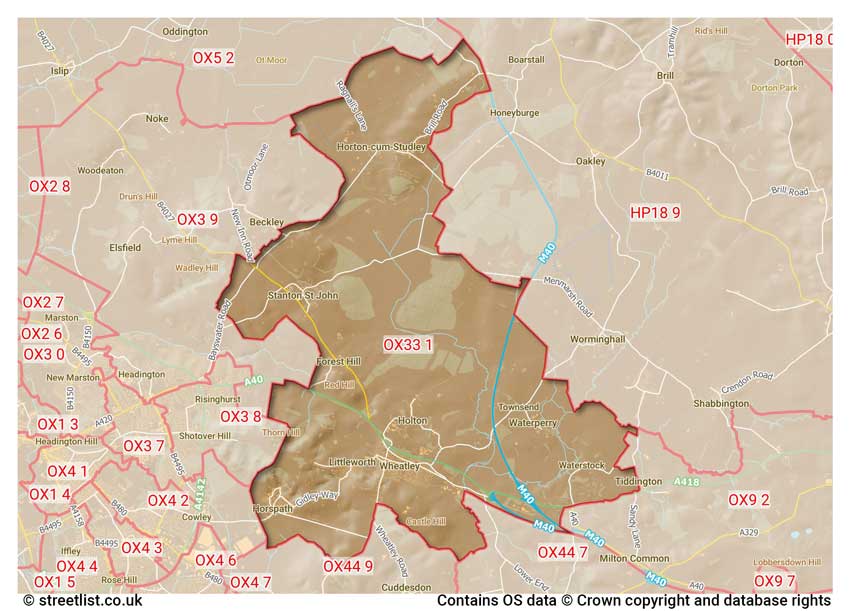 map showing postcode sectors within the OX33 district