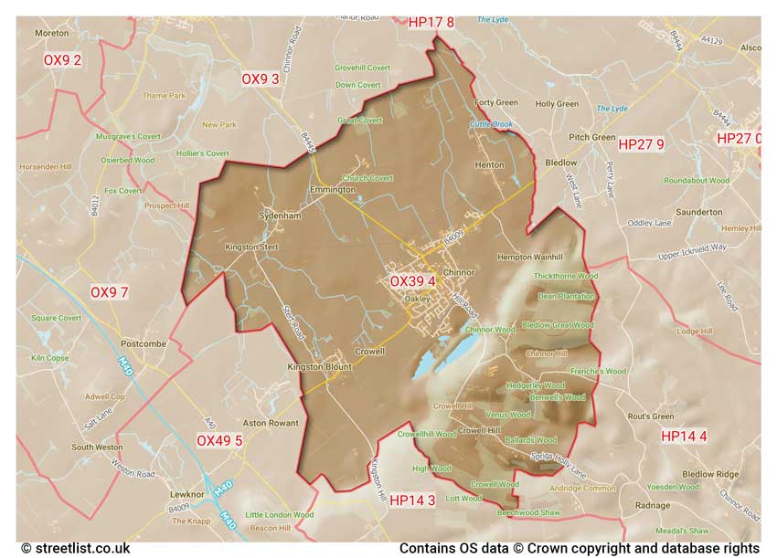 map showing postcode sectors within the OX39 district