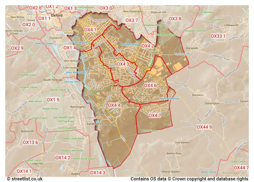 map showing postcode sectors within the OX4 district