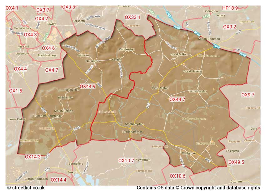 map showing postcode sectors within the OX44 district