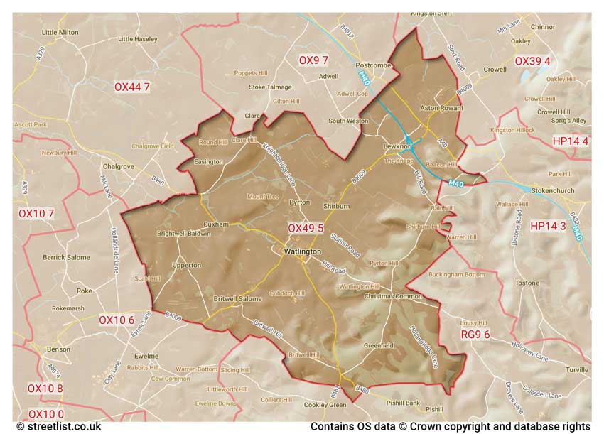 map showing postcode sectors within the OX49 district