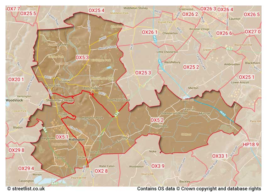 map showing postcode sectors within the OX5 district