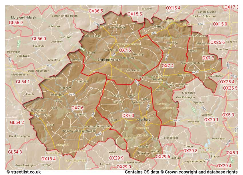 map showing postcode sectors within the OX7 district