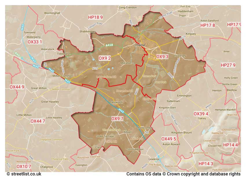 map showing postcode sectors within the OX9 district